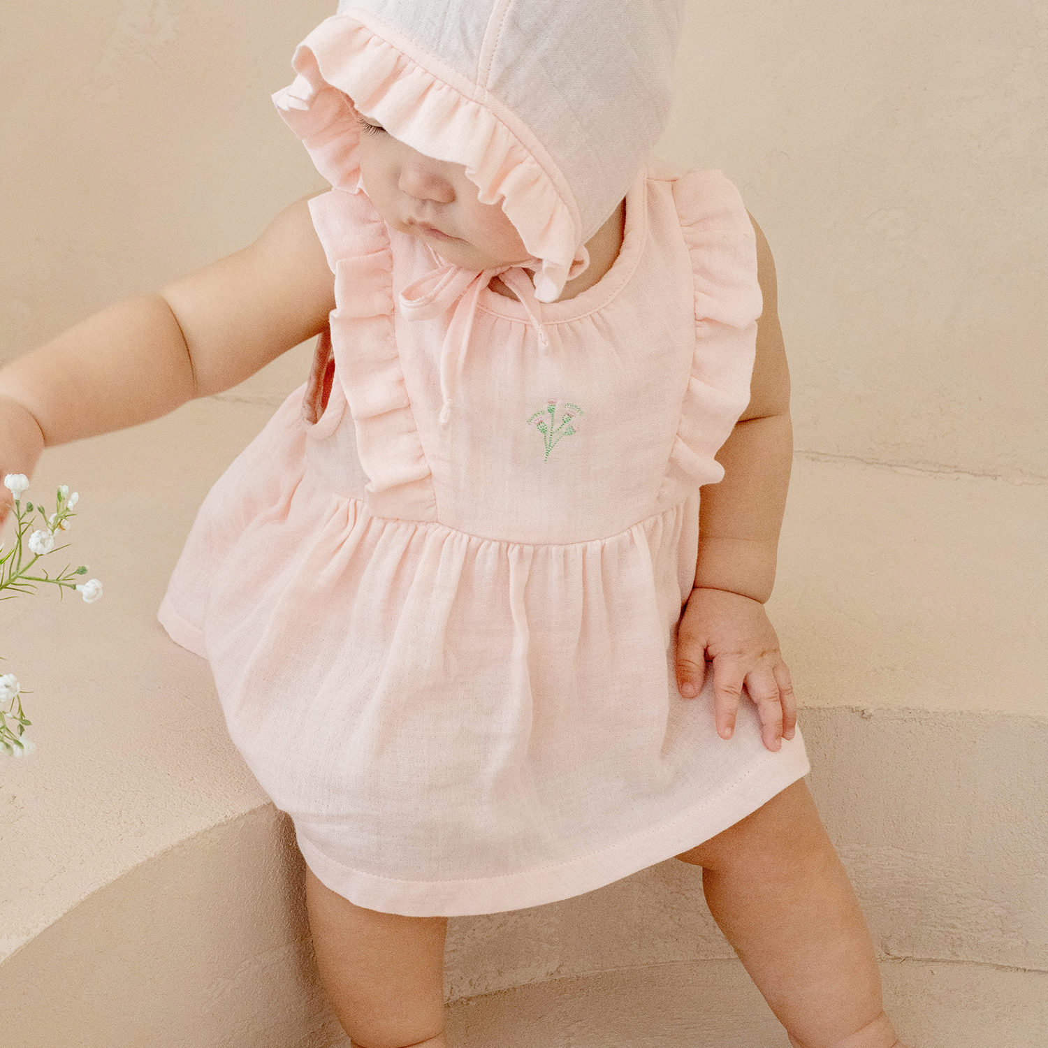 Bamboo Crinkle Gauze Creamy Flower Baby Bodysuit Dress